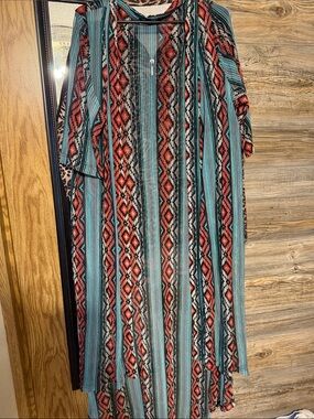 Striped Aztec Cover up in Teal and Coral